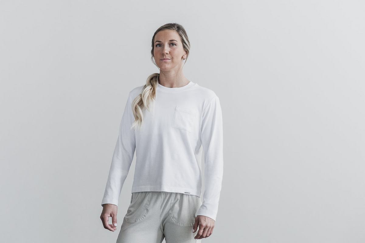 Nobull Heavyweight Pocket Boxy T-Shirt Lange Mouw Dames Wit | 786514-PXR