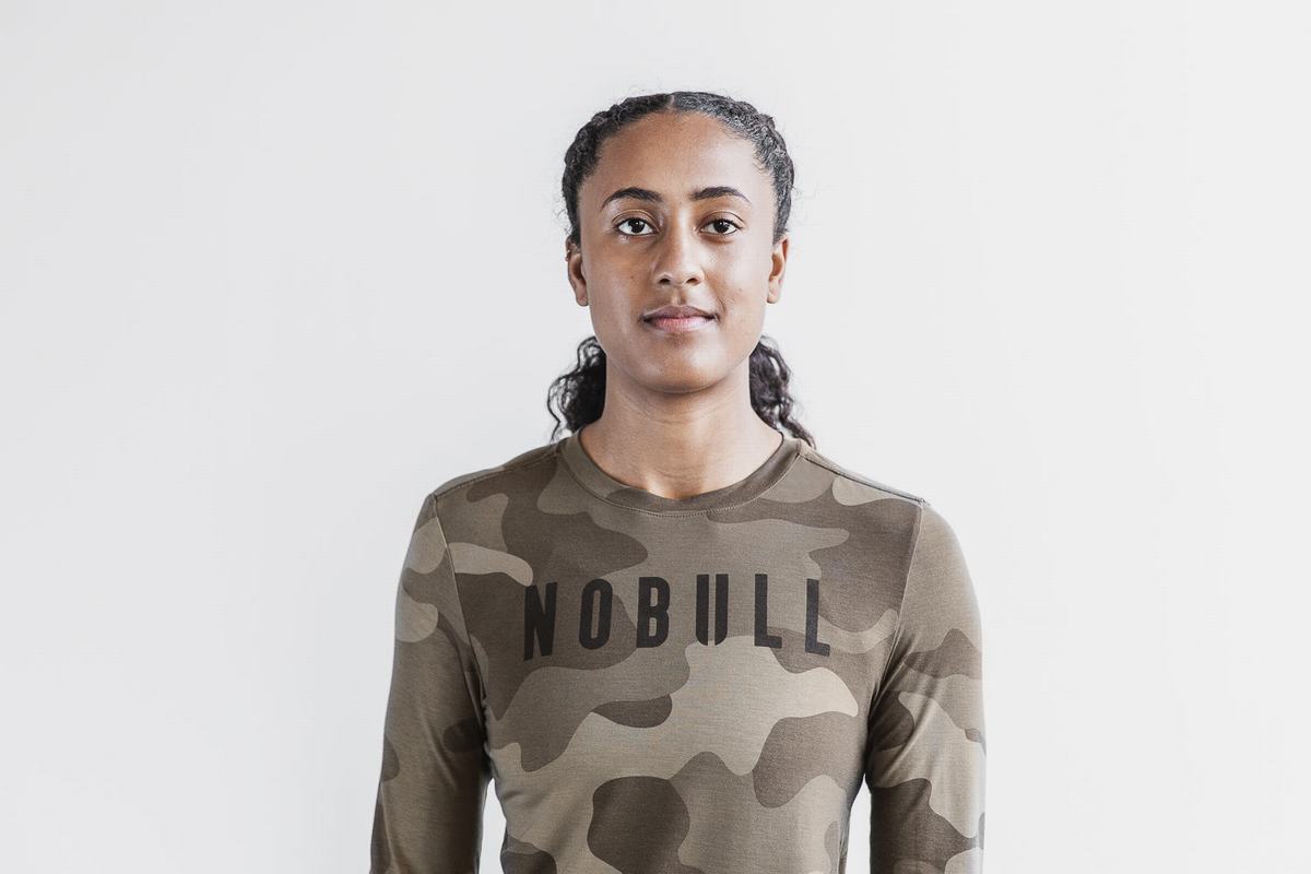 Nobull T-Shirt Lange Mouw Dames Donkercamo | 985047-YWU