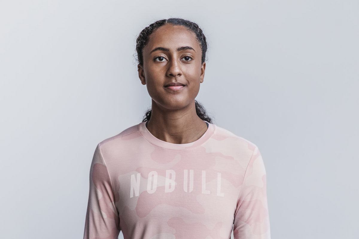 Nobull T-Shirt Lange Mouw Dames Roze Camo | 185942-FXA