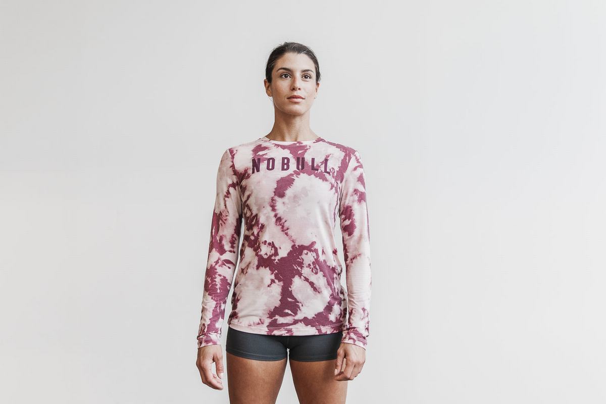 Nobull Tie-Dye T-Shirt Lange Mouw Dames Roze Donkerrood | 217094-QLB